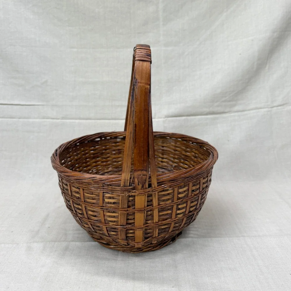 Vintage Woven Bamboo Gathering Basket with Handle Brown Rustic Farmhouse Decor